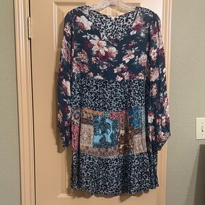 Umgee Floral and Patchwork Mini Dress - Blue and Pink
